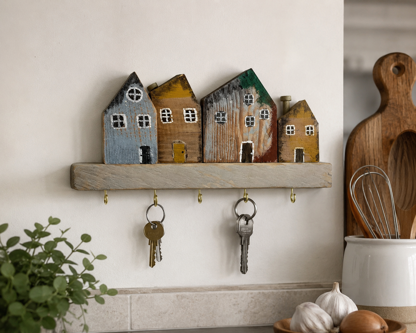 Hand painted Vintage Village Wall-Mounted Key Holder